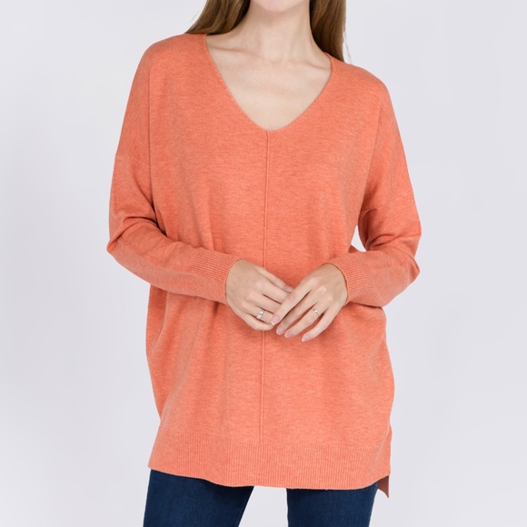Dreamers | Orange Slouchy High Low Ribbed Detail V-neck Sweater - Picture 1 of 12